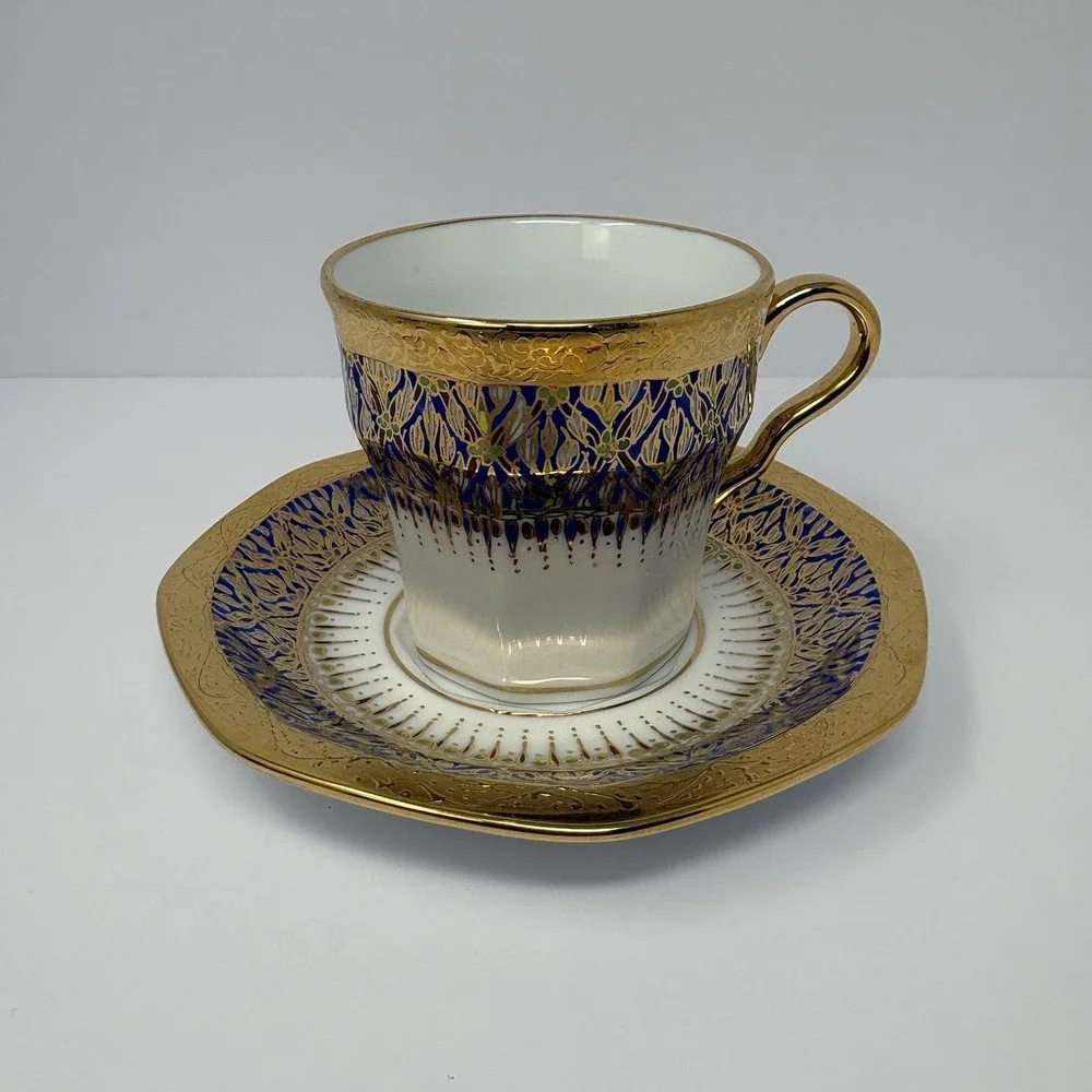 Vintage Thai Benjarong Porcelain Goblets Cup Saucer Set Hand Painted Gold